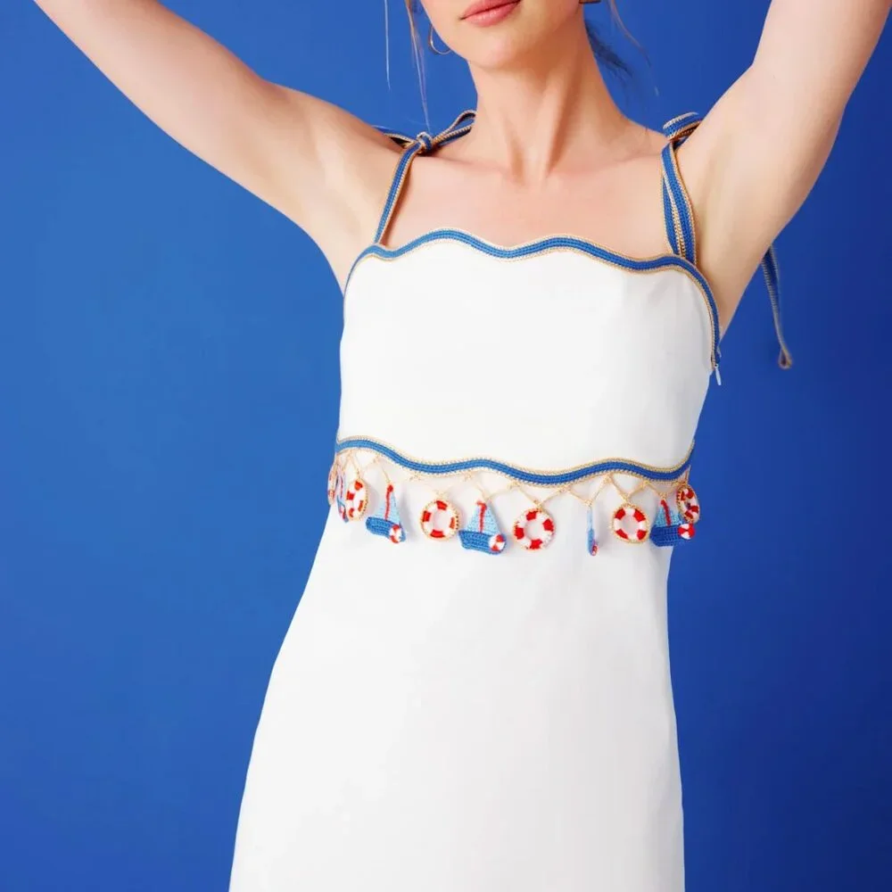 My Beachy Side Muse WHITE NAUTICAL CROCHET SAIL BOAT MINI DRESS LARGE NWT L - Picture 6 of 11